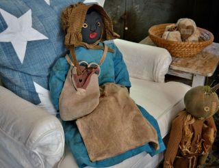Handmade Heirloom Quality Primitive Black Folk - Art Cloth Doll