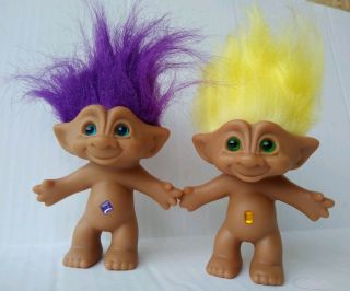 2 Vintage Treasure Troll Dolls Purple/yellow Hair Wishstone Ace Novelty Co.