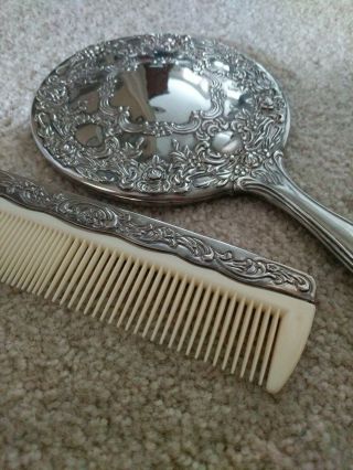 Vintage Antique Handheld Mirror & Comb Matching Design Real Silver Appearance