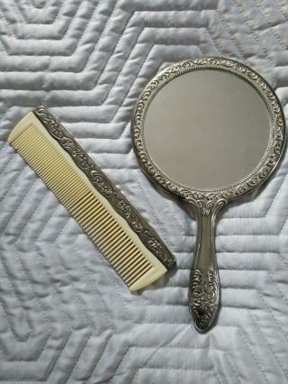 Vintage Antique Handheld Mirror & Comb matching design real silver appearance 2