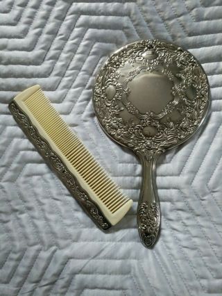 Vintage Antique Handheld Mirror & Comb matching design real silver appearance 3