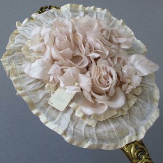 Vintage Gilt Brass Hand Mirror Topped W Creamy Millinery Flowers,  Ruffle Trim