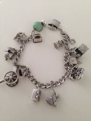 Sterling Silver 8 " Vintage Charm Bracelet/13 Charming Old Detailed Memories/ 28g