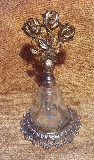 Antique Vintage Gold Ormolu Filigree Flower & Glass Perfume Bottle With Base