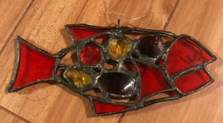 Vintage Old Stained Glass Fish Suncatcher Orange Red Yellow 7”