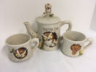 Enesco Vintage Ceramic Teapot And 2 Cups Set 1977 " Tea For Two Owls " Collectable