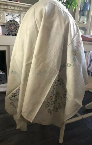 Vintage Irish Linen Hand Partial Embroidered Tablecloth With Spare Thread