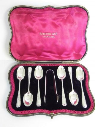 A Stunning Antique Victorian Cased Sterling Silver Spoons & Tongs - London 1898