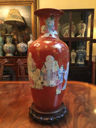 A Large Chinese Antique Iron Red Ground Famille Rose Porcelain Vase,  Marked.