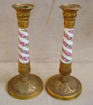 Pair French Empire Ormolu Bronze Porcelain Candlesticks Sevres Style