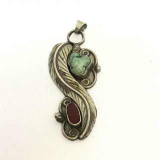 Vintage Old Pawn Coral And Turquoise Sterling Silver Pendant 9n6