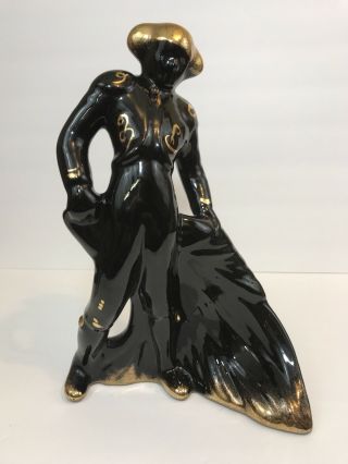 Vtg Matador Bull Fighter Figurine Statue Ceramic Mid Century Black & Gold Large