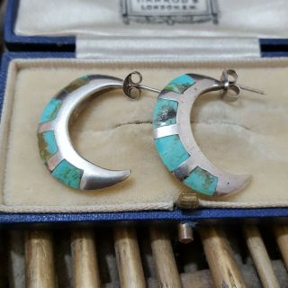 Boma Vintage 925 Silver Earrings,  Half Hoop,  Turquoise,  Half - Moon,  Solid Silver
