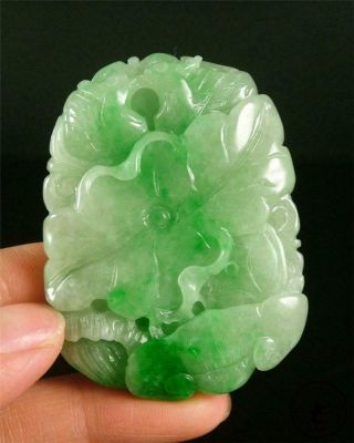 Old Jadeite Emerald Jade Pendant Netsuke Mandarin Ducks,  Lotus & Ruyi