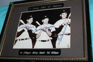 Joe Dimaggio Mickey Mantle Ted Williams Signed Photo 3 Great Hall Of Famers Hof