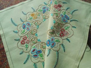 Vintage Hand Embroidered Irish Linen Table Centre Colour Blend