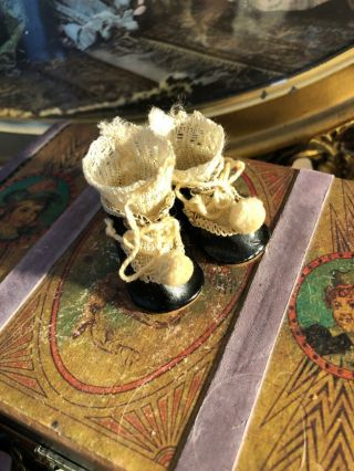 Adorable Factory Antique German Oil Cloth Pom Pom Front Doll Shoes & Socks