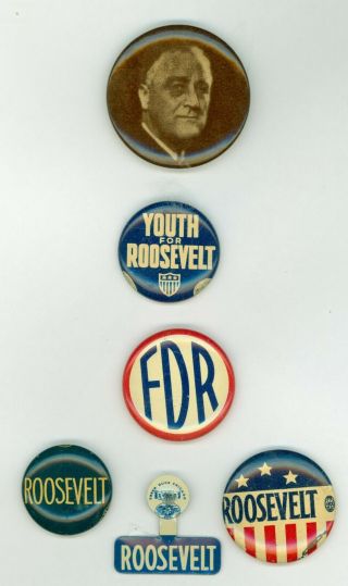 5 Vintage 1936 - 40 President Franklin Roosevelt Campaign Pinback Buttons Youth