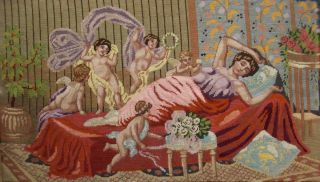 Antique Completed Wool Needlepoint Tapestry Venus In Bad,  Angels 35 " X20.  5 "