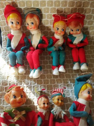 Vintage Set Of 9 Elf On The Shelf Pixie Knee Hugger Felt Christmas Ornaments