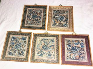 Set Of Five (5) Chinese Embroidered Silk Panel Forbidden Stich Embroidery