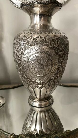 Antique 84 Silver Vase 10 7/8 " Tall Finely Etched Birds Medallion 566g Persian