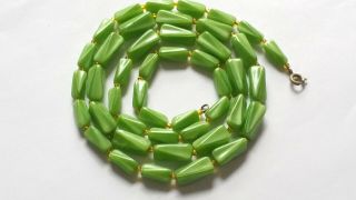 Czech Vintage Art Deco Long Apple Green Glass Bead Necklace
