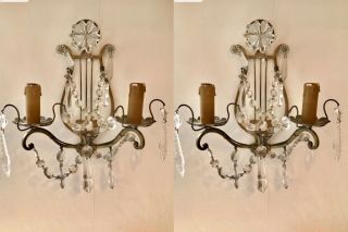 Pair Antique French Ornate Double Crystal Candle Sconce Electric Wall Lights