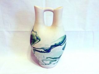 Vintage Nemadji Pottery 10 " Tall Wedding Vase Green White Swirl Touch Of Blue