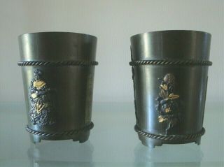 Rare Pair Antique Japanese Edo Meiji Shakudo Bronze Brush Pots Vase Signed