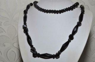 Lovely Vintage Necklace Of Victorian Black Glass & Whitby Jet Beads