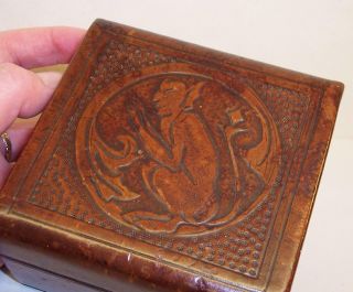 Lovely Vintage/antique Tooled Brown Leather Box With Devil Design Satan/pan