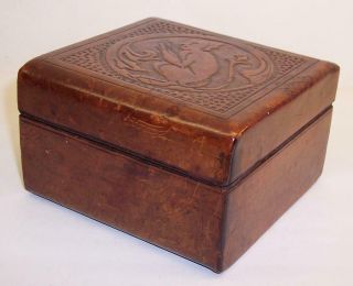 LOVELY Vintage/Antique TOOLED Brown LEATHER BOX with DEVIL Design SATAN/PAN 2
