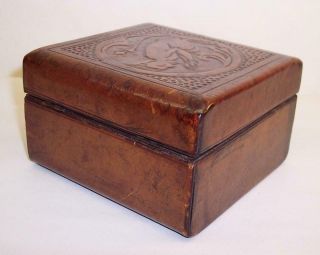LOVELY Vintage/Antique TOOLED Brown LEATHER BOX with DEVIL Design SATAN/PAN 3