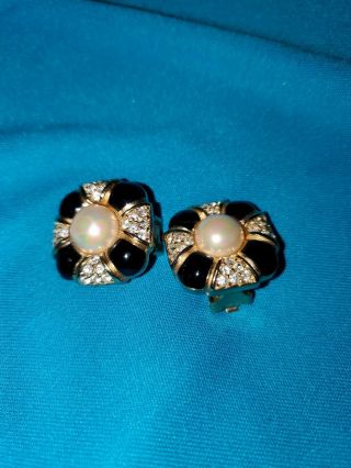 Vintage Christian Dior Faux Pearl Enamel Rhinestones Clip On Earrings