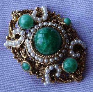 Vintage Victorian Revival Green Turquoise & Seed Pearl Brooch