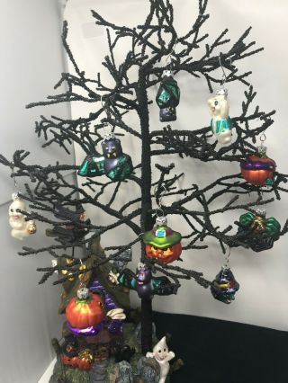 Vintage Halloween Tree With 10 Glass Ornaments & Lighted Haunted House