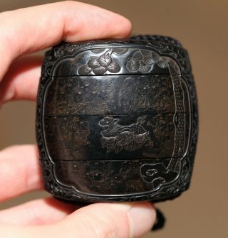 Antique Japanese Rare Carved Ebony & Lacquer Inro,  Meiji,  19th Century, .
