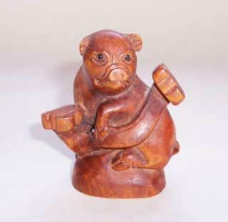 Vintage Carved Wooden Japanese Netsuke Pig With Glass Eyes - Signed - Treen