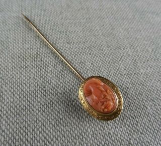Antique Victorian 14k Yellow Gold Carved Coral Cameo Stick Pin