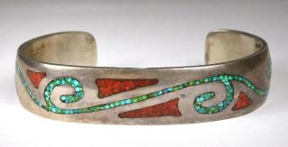 Vintage Native American Sterling/ Turquoise & Red Coral Chip Inlay Cuff Bracelet