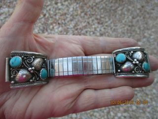 Vintage Navajo Sterling Silver Watch Tips W/turquoise Squash Blossom Ladies L@@k