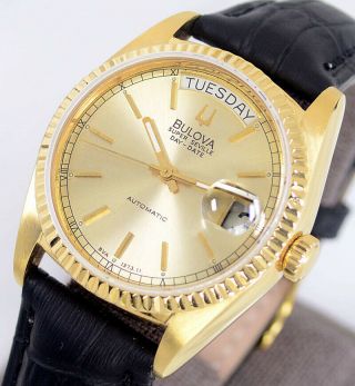 Vintage Bulova Seville Automatic Day&date Yellow Gold Dial Men 
