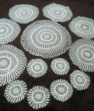 Set Of 13 Old/vintage White Crochet Lace Doilies,  In 3 Different Sizes