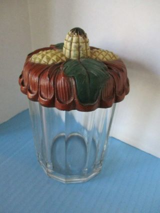 Vintage Tobacco Jar With Sirocco Wood Lid,  Pine Cone Handle,