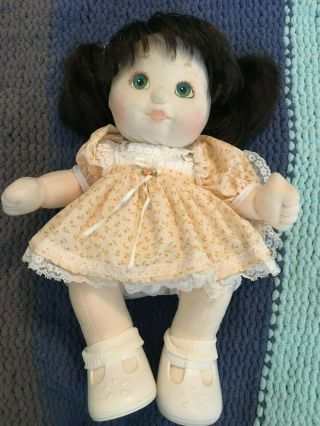 Vintage 1985 My Child Baby Doll Plush Mattel Dress Dark Brown Hair Green Eyes