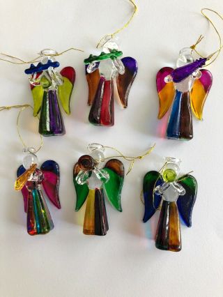 6 Vintage Miniature Blown Glass Angel W/ Instruments Christmas Ornaments