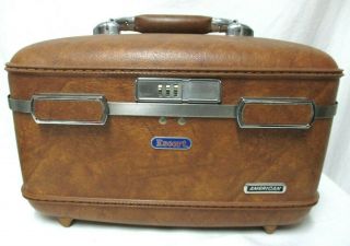 Vintage American Tourister Escort Hard Shell Train Case Cosmetic Luggage Brown