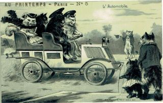 Early Artist Drawn Old Postcard Anthropomorphic Cats In Vintage Car Embossed