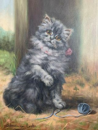 Charming Fine Rare Large Antique Oil Painting Of A Grey Cat.